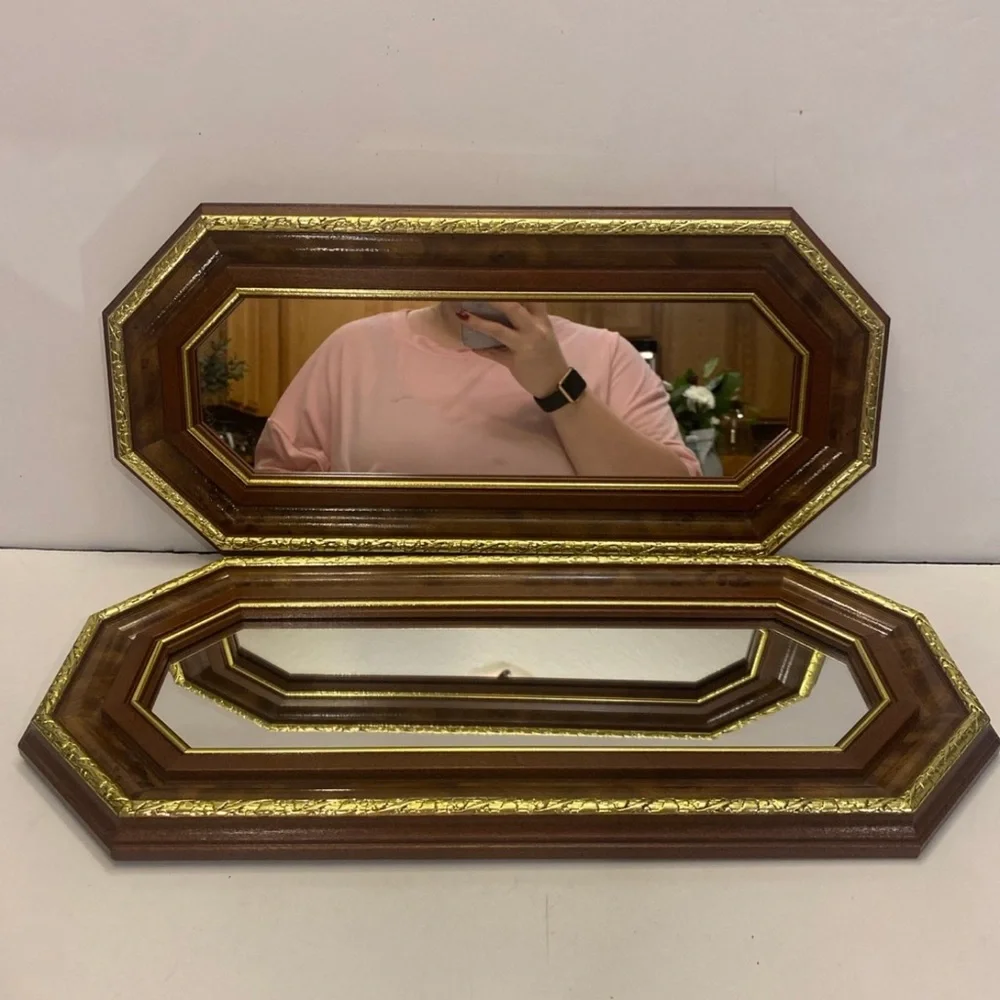 Vintage Octagon Mirror Wood with Gold Trim 18-1/2” X 8-1/2” Set O…